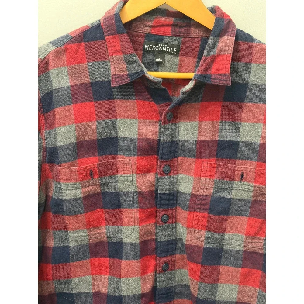 J.Crew Mercantile Red Navy Gray Plaid Flannel Button Down Shirt Size Large